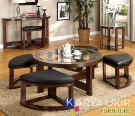 Meja kopi minimalis dengan desain modern dan terbaru atau yang biasa disebut dengan meja santai bulat kayu jati