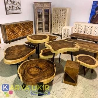 Meja kopi Solid dengan desain unik atau yang biasa disebut dengan meja teh dengan desain bahan kayu suar tebal cat natural alami