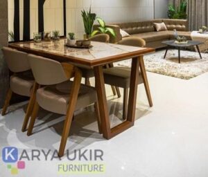 Meja makan minimalis dengan bahan material kayu jati pilihan model terbaru buatan karya ukir furniture meja ruangan makan modern terbaru