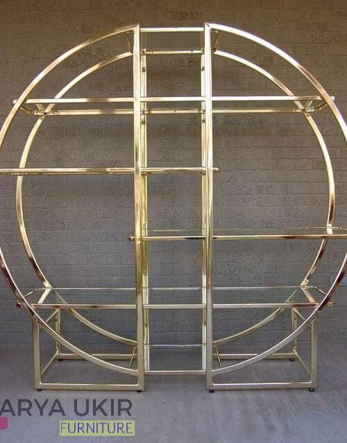 Rak display stainless gold modern atau yang biasa disebut dengan rak pajangan dan hiasan besi dengan desain minimalis modern terbaru