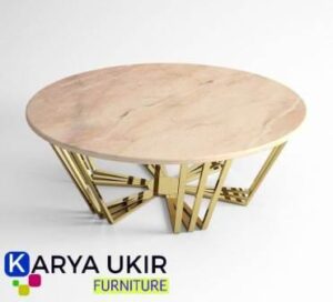 Meja stainless gold minimalis atau yang biasa disebut dengan meja stainless model jakarta dengan bentuk bulat untuk hiasan dan ruangan tamu
