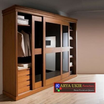 Gambar Lemari minimalis modern pintu geser dengan bahan material kayu jati atau yang biasa disebut dengan lemari apartemen dan hotel dengan desain terbaru