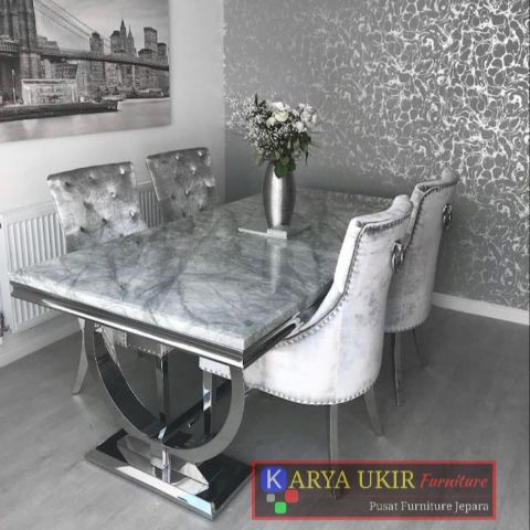 Meja makan stainless gold Minimalis modern dengan desain terbaru atau yang biasa disebut dengan meja top table marmer