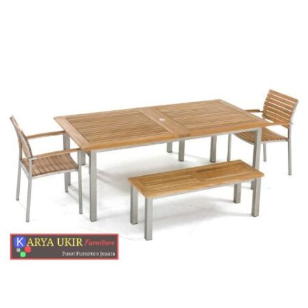 Meja kayu stainless modern minimalis ini sangat cocok digunakan pada halaman belakang, untuk taman, juga cocok untuk digunakan pada restoran mewah