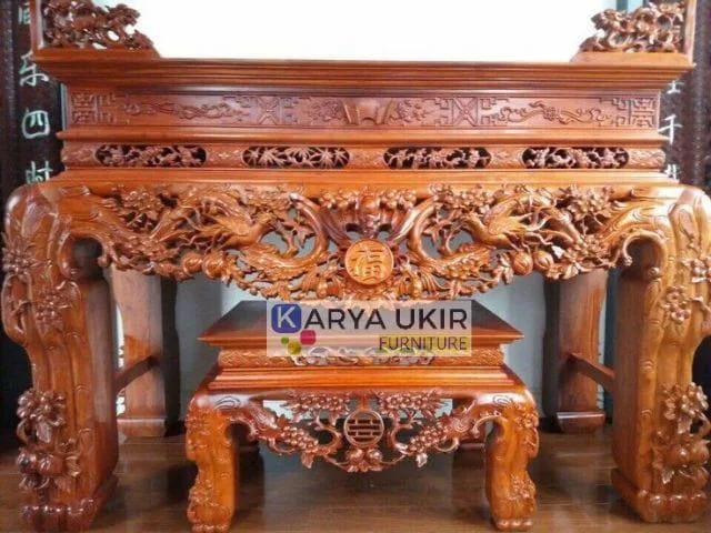Desain Meja Altar Ukir relief kayu jati 3G klasik atau yang biasa disebut dengan meja sembahyang persembahan untuk agama Buddha dan Konghucu adat Cina