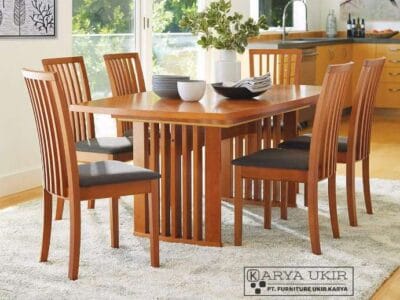 Model Meja makan estetik minimalis modern Unik Jari jari Bahan Kayu Jati dengan pilihan varian 6 kursi dan 10 kursi model terbaru