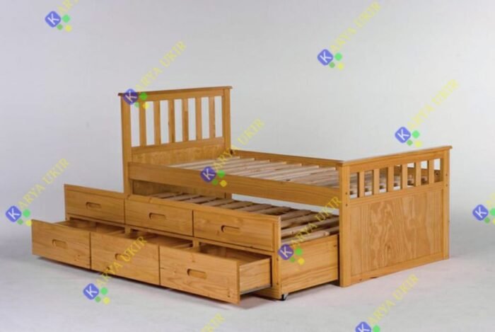 Desain Tempat tidur atas bawah sorong double bed atau Ranjang double bed tingkat dengan laci yang bisa didorong dan ditarik
